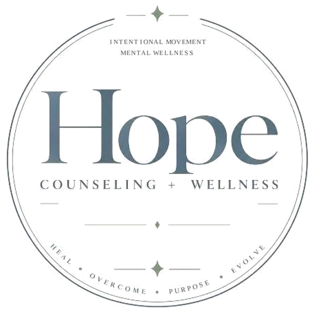 HOPE Counseling and Wellness crest: Heal, Overcome, Purpose, Evolve