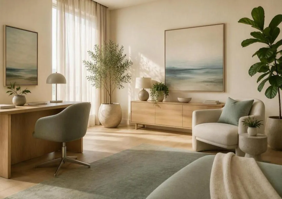 Clinician office in daylight with sage chair and olive tree